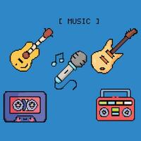 muziek- icoon pixel kunst. oud school- computer grafisch stijl. gitaar, microfoon, plakband recorder, cassette plakband vector
