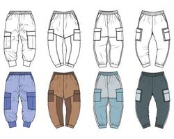 lading broek kleurrijk mode hand- tekening technisch sjabloon. lading zak- mode mockup voor opleiding. vector