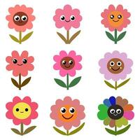 reeks van grappig bloemen met gelukkig gezicht. tekenfilm vector illustratie.