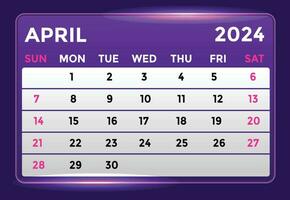 april 2024 maandelijks modern kalender ontwerp met glimmend gloed in Purper schaduw vector