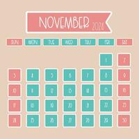 november 2024 maandelijks kalender ontwerp met dun doopvont waar week begint van zondag vector