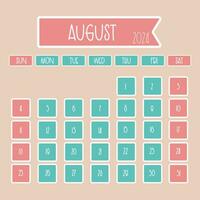 augustus 2024 maandelijks kalender ontwerp met dun doopvont waar week begint van zondag vector