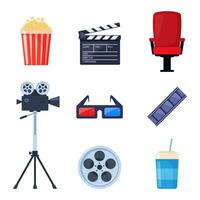 bioscoop elementen. kaartjes, popcorn emmer, 3d bril, filmklapper, montage plakband, video camera. vector illustratie voor bioscoop theater, film industrie, show, film maken concept. vector illustratie.