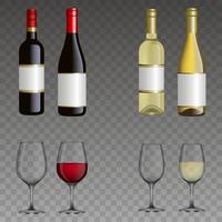 set van geïsoleerde wijnflessen en glazen. rode en witte wijn. vector