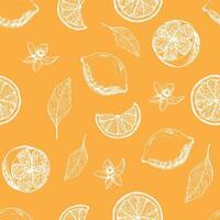 grafisch patroon met citroenen, citroen plakjes met bloemen. naadloos patroon met zomer citroenen, hand getekend in inkt. vector achtergrond met citrus fruit en bloemen, takken. geel citroenen