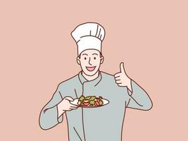 chef portie voedsel gelukkig koken Mens Holding bord tonen een duimen omhoog gemakkelijk Koreaans stijl illustratie vector