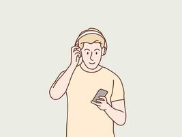 Mens vervelend hoofdtelefoons luisteren naar muziek- en dansen gemakkelijk Koreaans stijl illustratie vector