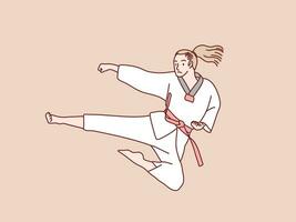 vrouw praktijk karate rood riem Doen springen trap opleiding gemakkelijk Koreaans stijl illustratie vector