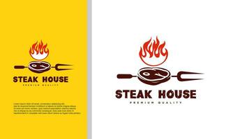 barbecue rokerij bbq barbecue bar en rooster logo ontwerp met vork en brand vector