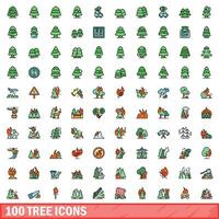 100 boom pictogrammen set, kleur lijn stijl vector