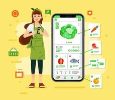 een vrouw is kruidenier online boodschappen doen met haar smartphone, Kiezen de vers voedsel en levering naar haar huis vector illustratie