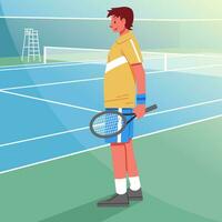 mannetje tennis speler poseren Aan de rand van de tennis rechtbank, modern vlak illustratie karakter vector