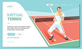 tennis bij elkaar passen kampioenschap landen bladzijde illustratie sjabloon, Mens gelukkig winnend de bij elkaar passen in de binnen- rechtbank vector