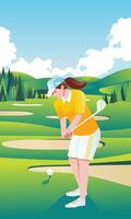 poster illustratie van jong Dames spelen golf in de veld- in zonnig dag vector