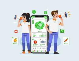 gelukkig Mens vrouw Holding megafoon geschreeuw luid oproepen klanten aankondigen groente ecommerce app Promotie reclame concept vector