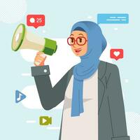 moslim blauw hijab jong meisje Holding megafoon geschreeuw luid aankondigen sociaal media Promotie reclame concept vector