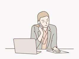 vrouw werknemer is Aan de telefoon Bij haar bureau met een laptop gemakkelijk Koreaans stijl illustratie vector