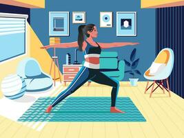 Dames aan het doen yoga Bij huis met knus en modern interieur vector illustratie