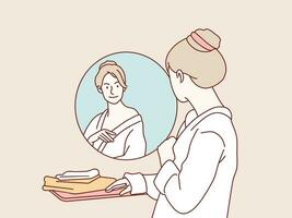 gespiegeld vrouw jurk omhoog Aan badkamer spiegel plukken haar kleding gemakkelijk Koreaans stijl illustratie vector