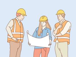 bouw Mens vrouw arbeiders samenspel samenwerking in blauwdruk planning gemakkelijk Koreaans stijl illustratie vector