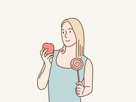 glimlachen vrouw Holding lolipop en appel in elk hand- gemakkelijk Koreaans stijl illustratie vector