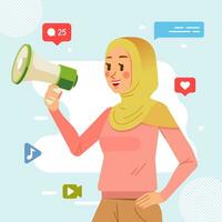 moslim geel hijab jong meisje Holding megafoon geschreeuw luid aankondigen sociaal media Promotie reclame concept vector