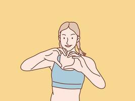 sportief meisje gevoel gelukkig en romantisch vorm hart liefde gebaar gemakkelijk Koreaans stijl illustratie vector