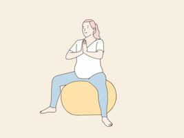 zwanger vrouw aan het doen yoga Aan rubber bal gemakkelijk Koreaans stijl illustratie vector
