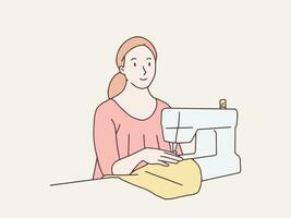 vrouw naaien kleren met naaien machine gemakkelijk Koreaans stijl illustratie vector