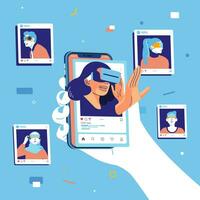 jong mensen gebruik makend van virtueel realiteit bril Aan sociaal media na, hand- Holding telefoon dat tonen Dames gebruik makend van virtuoos realiteit bril Aan sociaal media vector illustratie