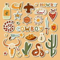 groot reeks van stickers met illustraties Aan wild west en cowboy thema voor planners, notebooks. klaar voor afdrukken lijst van schattig stickers. hand- getrokken gemakkelijk vector doodles met symbolen van Texas, veedrijfster