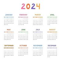 schattig minimaal kalender sjabloon voor 2024 jaar met weken begint Aan maandag. kalender rooster met funky doopvont voor kinderen kinderkamer, zakelijke kantoor, briefpapier. verticaal maandelijks kalender lay-out voor planning vector