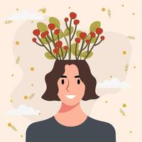 vlak ontwerp vector illustratie concept van vrouw met bloemen in haar hoofd.