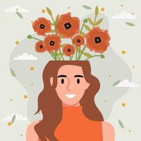 vlak ontwerp vector illustratie concept van vrouw met bloemen in haar hoofd.