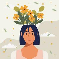 vlak ontwerp vector illustratie concept van vrouw met bloemen in haar hoofd.