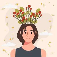 vlak ontwerp vector illustratie concept van vrouw met bloemen in haar hoofd.