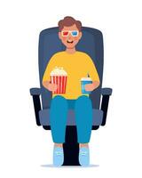 kind aan het kijken film met 3d bril. Frisdrank en popcorn in kinderen handen. bioscoop theater vermaak voor kinderen. vector illustratie.