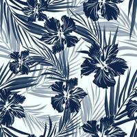 tropisch naadloos monochroom blauw indigo camouflage achtergrond met bladeren en bloemen vector