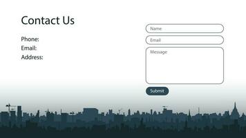 contact scherm concept voor een website met meerdere lagen stad silhouet. het formulier van Bezig met verzenden berichten. vector Sjablonen ontwerp voor een bouw bedrijf of bedrijf. ui, ux, gui. eps 10.
