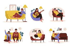 vector verzameling van mensen activiteiten Bij sofa