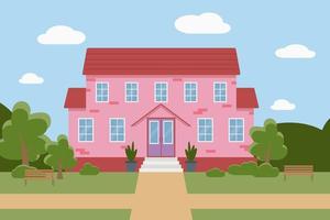 platte vectorillustratie van een roze huis met bomen en banken vector