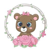 schattige zomer baby beer met bloemenkrans. cartoon vectorillustratie. vector