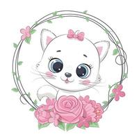 schattige zomer baby kat met bloem krans. cartoon vectorillustratie. vector