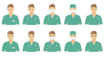 mannetje dokter avatar in groen uniform. gezichtsloos stijl vlak illustratie set. vector