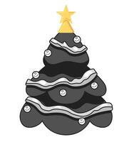 ster Kerstmis boom versierd klatergoud zwart en wit 2d tekenfilm voorwerp. klassiek kerstballen, slingers Kerstmis pijnboom boom geïsoleerd vector schets item. Kerstmis geest monochromatisch vlak plek illustratie