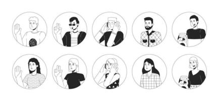 Kaukasisch jong volwassen zwart en wit 2d vector avatars illustratie set. millennium Dames, mannen schets tekenfilm karakter gezichten geïsoleerd. modern Europese vrouw, mannetje vlak gebruiker profiel beeld verzameling