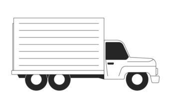 vrachtauto levering busje zwart en wit 2d lijn tekenfilm voorwerp. logistiek voertuig geïsoleerd vector schets item. Bezig met verzenden pakket. in beweging vrachtwagen. handel vervoer monochromatisch vlak plek illustratie