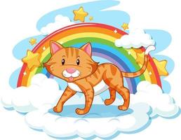 schattige kat op de wolk met regenboog vector