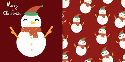 sneeuwman hand- getrokken illustratie en naadloos patroon met schattig tekenfilm sneeuwman vector