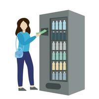 een meisje met een bankbiljet in haar hand- staat in de buurt een drinken machine, in beweging, vlak vector, geïsoleerd Aan wit, gezichtsloos illustratie vector